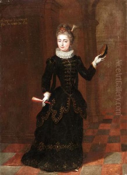 Portrait Of A Lady, Full Length, Wearing A Black Dress And Holding A Fan (the Marchioness D'espinouse?) Oil Painting by Pierre Gobert