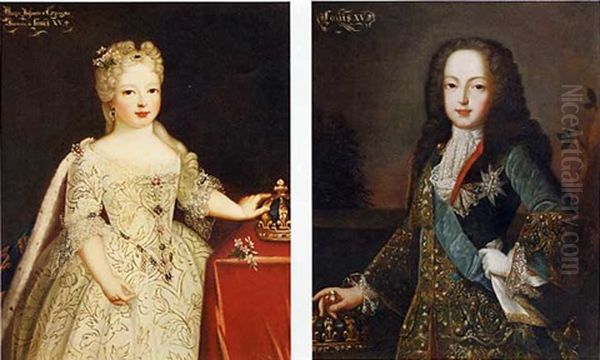 Portrait Of Marie-anne-victoire, Infanta D'espagna, In A White Dress Set With Pearls, By A Table, Her Left Hand On Her Crown (+ Portrait Of King Louis Xv In An  Embroidered Blue Velvet Waistcoat, With Oil Painting by Pierre Gobert