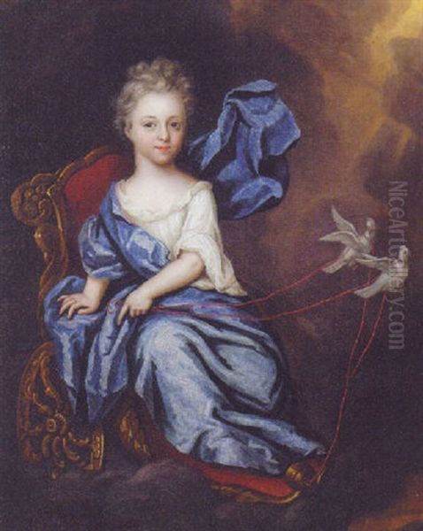 Portrait Of A Girl As Venus Wearing A Blue Dress, Seated On A Chariot Drawn By Doves Oil Painting by Pierre Gobert