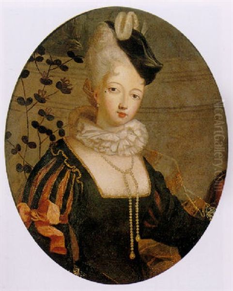 Portrait Of A Lady In A Black Hat With A Feather, Wearing A White Ruff And A Black Dress With A Pink Ribbon And Slashed Sleeves Oil Painting by Pierre Gobert