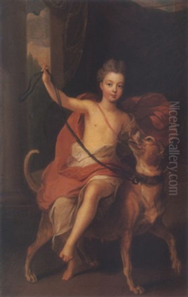 Portrait Of A Child (mlle. De Blois?) Riding A Mastif Oil Painting by Pierre Gobert