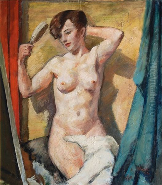 Female Nude With Hairbrush Oil Painting by Bernard Gobiet