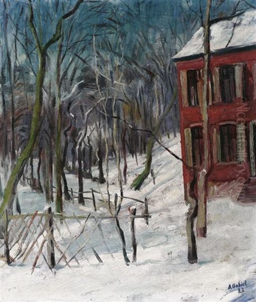 Rotes Haus Im Winterwald Oil Painting by Bernard Gobiet