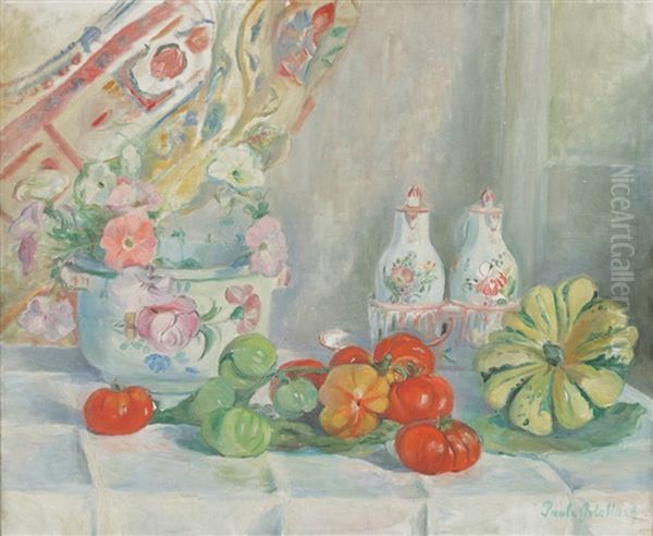 Composition Aux Faiences Anciennes Et Aux Tomates Oil Painting by Paule Gobillard