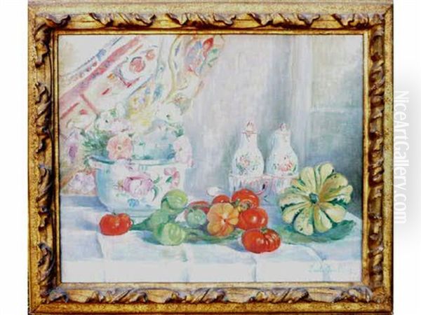 Nature Morte Au Vase De Fleurs Et Aux Tomates Oil Painting by Paule Gobillard