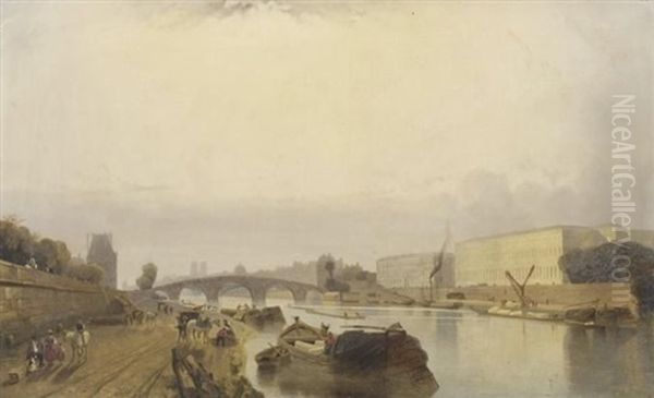 Activities On The Banks Of The Seine Oil Painting by Antoine-Louis Goblain