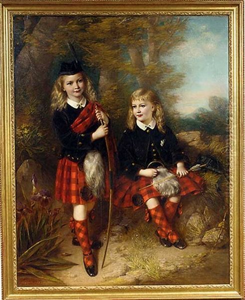 Portrait Of Two Children In Macgregor Tartan Holding A Bow And Arrow, In A Landscape Oil Painting by Samuel Barry Godbold