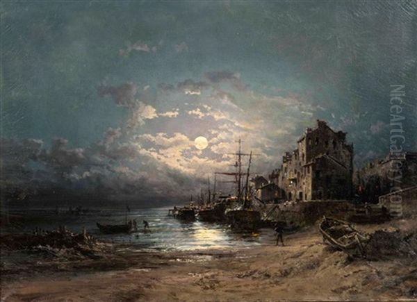 Port Au Clair De Lune Oil Painting by Alfred Godchaux