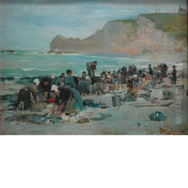 Washerwomen On The Beach, Etretat Oil Painting by Henry Bacon