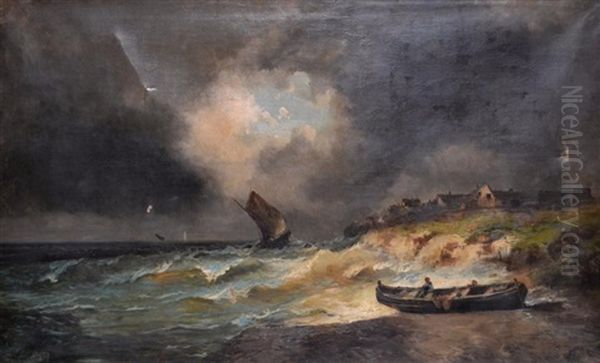 Voiliers En Mer Agitee Et Barque Oil Painting by Alfred Godchaux