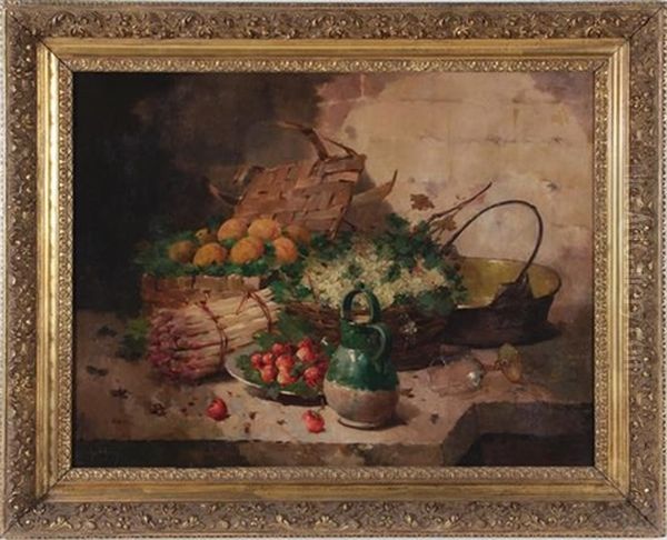 Still Life, Asparagus, Grapes, Peaches & Strawberries Oil Painting by Alfred Godchaux