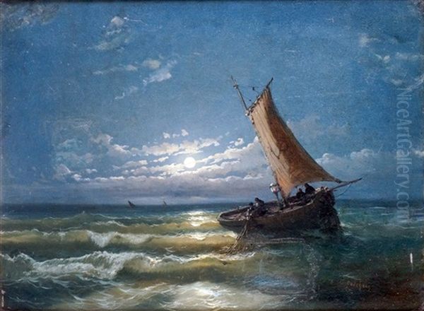 Barque De Pecheurs Au Clair De Lune Oil Painting by Alfred Godchaux