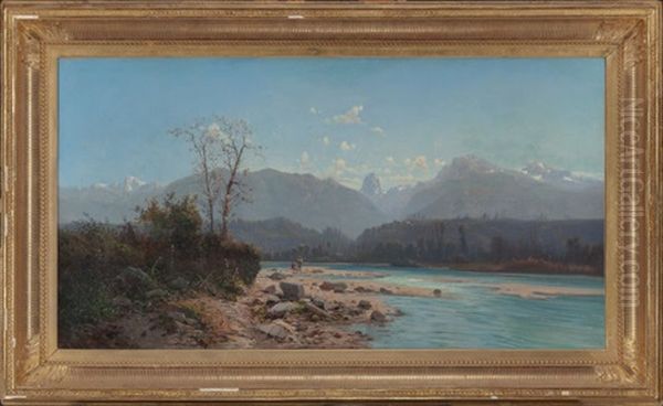 Fishing Scene In Savoy Mountains Oil Painting by Alfred Godchaux