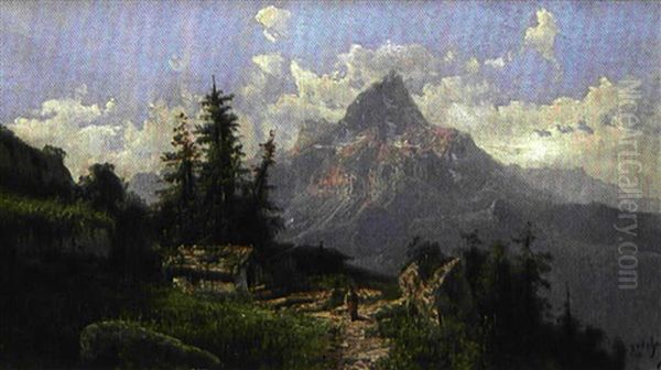 Bergere Pres D'un Hameau Dans La Montagne Oil Painting by Alfred Godchaux