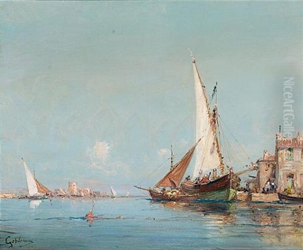 View Of The Venetian Lagoon (+ Another Similar; Pair) Oil Painting by Alfred Godchaux