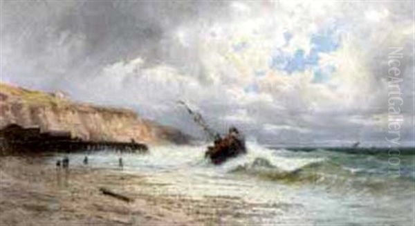 A Fishing Vessel Attempting To Beach In The Swell Oil Painting by Alfred Godchaux