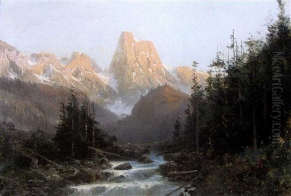 Torrent Dans Un Paysage De Montagne by Alfred Godchaux