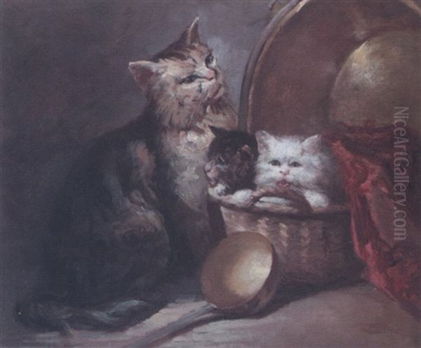 Mother With Her Kittens Oil Painting by Alfred Godchaux