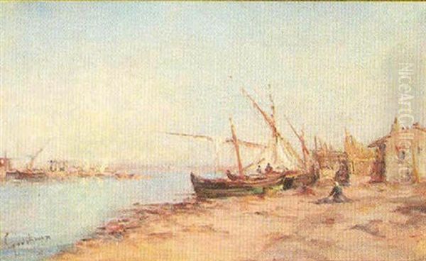 A Bustling Fishing Village With Boats, Bay And Port Beyond Oil Painting by Alfred Godchaux