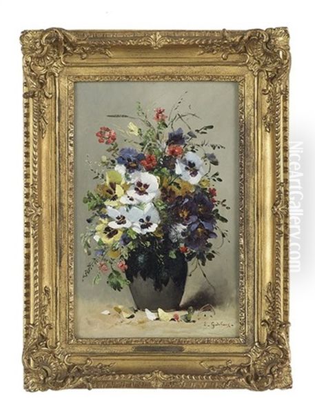 Still Life Of Pansies In A Pottery Vase Oil Painting by Emile Godchaux