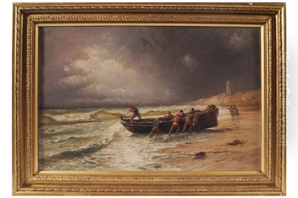 Hauling The Boat In Oil Painting by Emile Godchaux