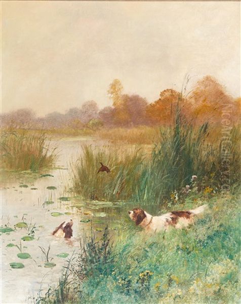 Gun Dogs Hunting Duck Oil Painting by Emile Godchaux