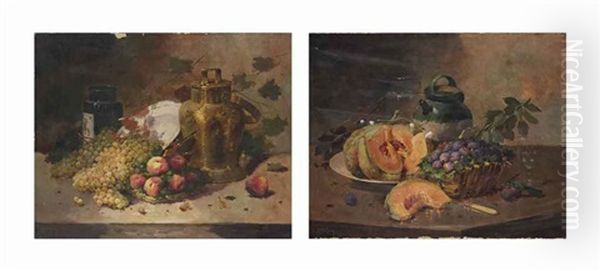 Nature Morte Aux Prunes Et Melon Tranche; Et Nature Morte Aux Grappes De Raisins Et Peches Oil Painting by Emile Godchaux