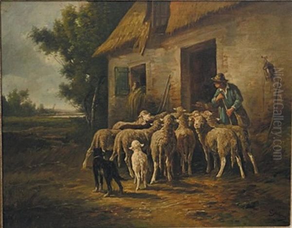 Berger Et Ses Brebis Devant La Bergerie by Emile Godchaux