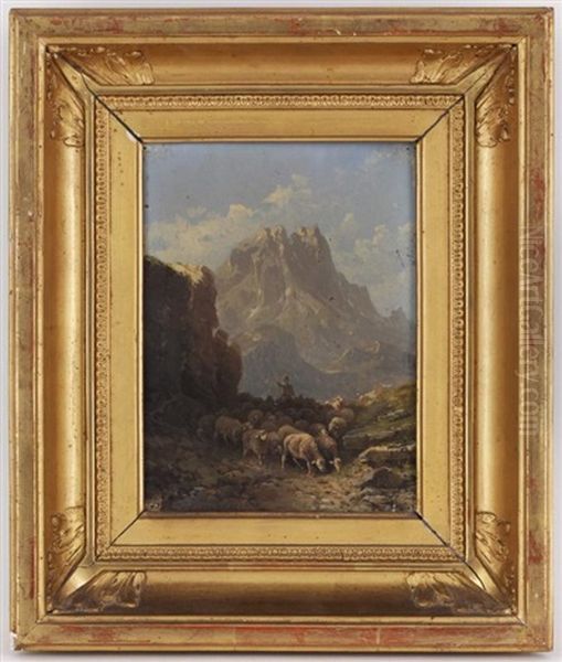 Berger Et Ses Moutons Dans Une Paysage De Montagne Et Personnages Et Voilier Sur La Plage (pair) Oil Painting by Emile Godchaux