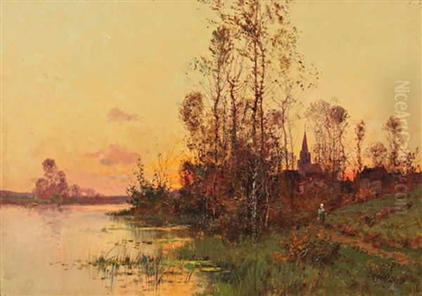 Paysage A La Riviere Le Soleil Couchant Oil Painting by Emile Godchaux