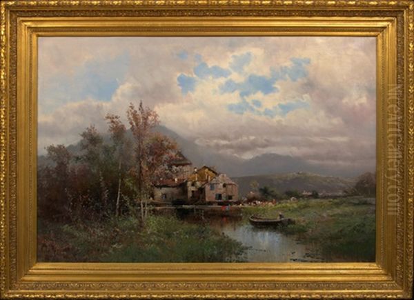 View Of A House In The Valley, Pyrenees Beyond Oil Painting by Emile Godchaux