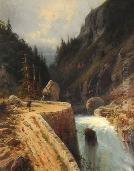 Schlucht Mit Wasserfall Und Wanderer Oil Painting by Emile Godchaux