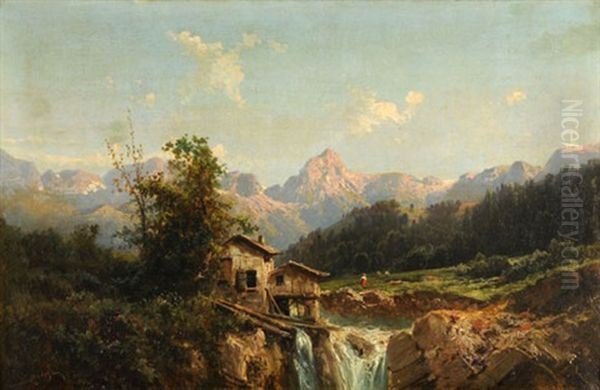 Alplandschaft Mit Hutte Und Hirtin, Im Vordergrund Ein Wasserfall Oil Painting by Emile Godchaux