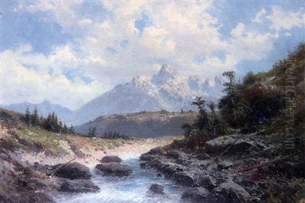 Paysage Au Torrent (+ Paysage De Montagne; Pair) Oil Painting by Emile Godchaux