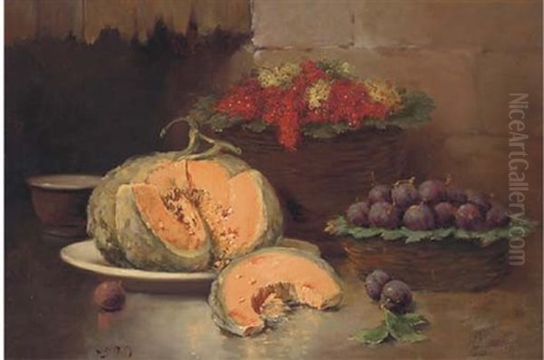 A Melon On A Plate, With Plums And Currants In A Basket To The Side Oil Painting by Emile Godchaux