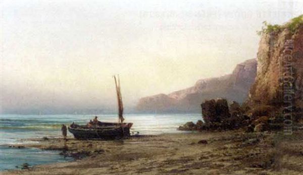 A Fishing Boat And Figures On A Beach At Sunset Oil Painting by Emile Godchaux