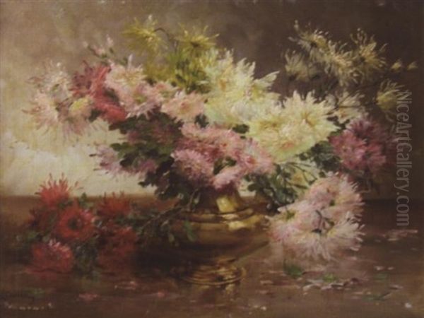 Bouquet De Dahlias Oil Painting by Emile Godchaux