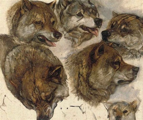 Huskies Heads (study) (+ Another; 2 Works) Oil Painting by George Bouverie Goddard