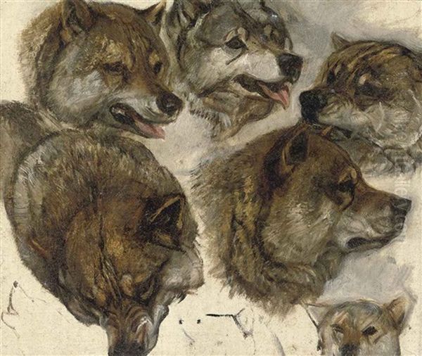 Huskies Heads (study) (+ Untitled (sketch); 2 Works) Oil Painting by George Bouverie Goddard