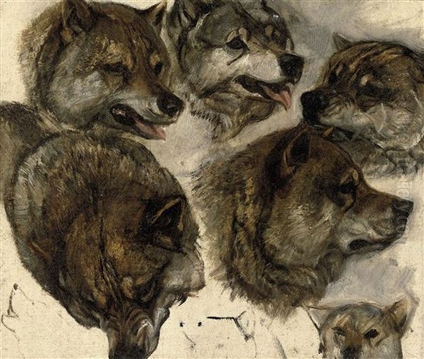 Huskies' Heads (study) (+ Another; 2 Works) Oil Painting by George Bouverie Goddard