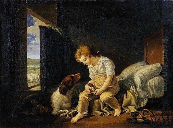 Un Jeune Garcon Nourrissant Des Petits Chiots Oil Painting by Marie Elenore Godefroy