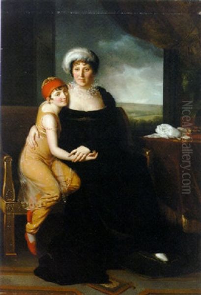 Portrait Of Madame Campan In A Black Dress, With A Pupil In Oriental Costume, By A Table With A Bust, A Landscape Beyond Oil Painting by Marie Elenore Godefroy