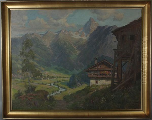 Landschaft Mit Bauernhof, Im Hintergrund Mit Gebirgsmassiv Oil Painting by Carl Goedel