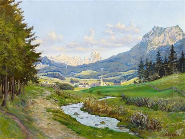 Blick Auf Ein Gebirgsdorf Oil Painting by Carl Goedel