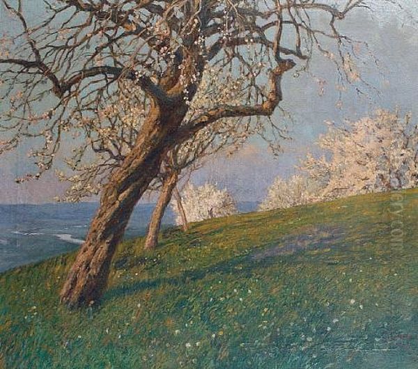 A Hillside View With Trees In Full Bloom Oil Painting by Carl Goedel