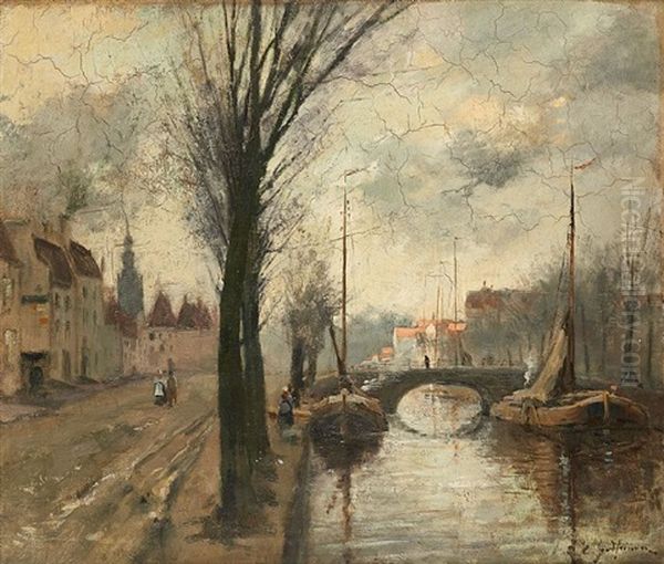 Coucher De Soleil Sur Le Pont Oil Painting by Ernest Jean Joseph Godfrinon