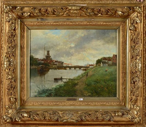 Bord De Fleuve Anime En Hollande Oil Painting by Ernest Jean Joseph Godfrinon