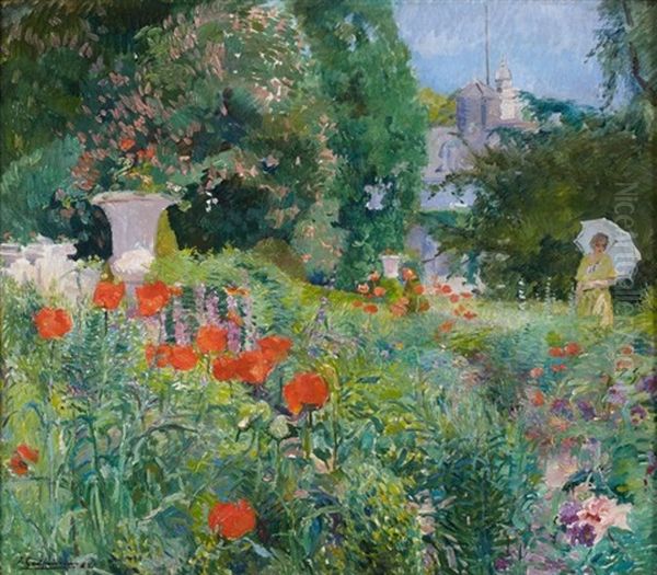 Elegante Dans Le Parc Fleuri De Coquelicots Oil Painting by Ernest Jean Joseph Godfrinon