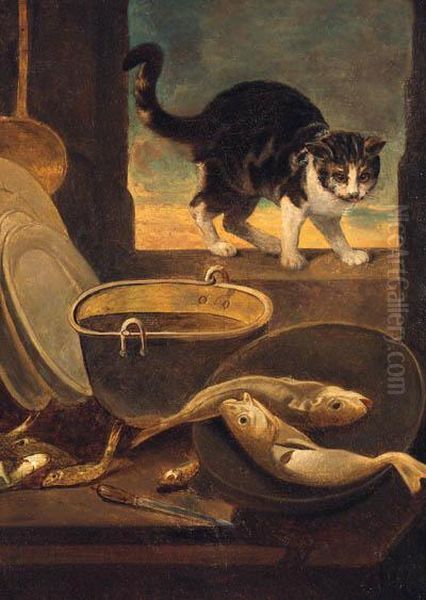 A Cat On A Window Sill, With Fish And Pots And Pans On Atable Oil Painting by Nathaniel Bacon