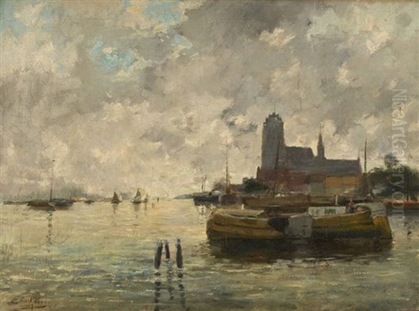 La Meuse A Dordrecht Oil Painting by Ernest Jean Joseph Godfrinon